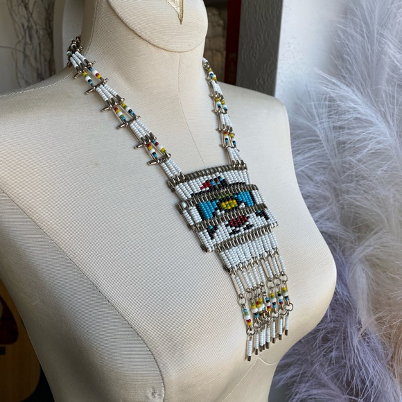 Vintage 70s Native American Thunderbird Beaded Necklace fringe festival boho - Picture 4 of 10